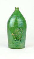 0P981 Régi zöld mázas kisméretű butella 15.5 cm