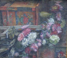 Magyar festő 1930 k. : Csendélet tulipános ládával