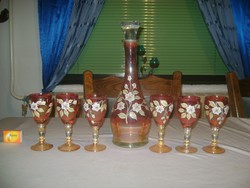 Old hand-painted Czech wine set bohemia - one decanter, pourer, six glasses together