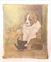 Kutya és cicák olaj vászon festmény 25 x 30 cm