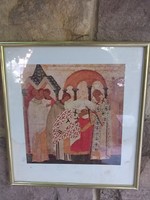 Szerb pravoszláv (ortodox ?)  Ikon nyomat ü.alatt kerettel  26x29 cm