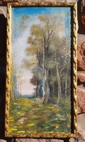 Mednyánszky: landscape, wall 32x64 cm, antique ornate picture frame, oil painting. Spring birch row.