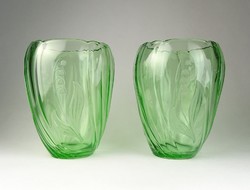 0R833 Art deco urán zöld francia üveg vázák 20 cm
