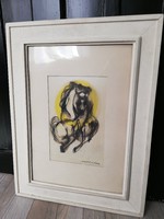 Macskássy Izolda: Anyaság. Üvegezett lovas selyem kollázs kép stílusos keretben.