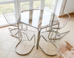 Skandináv loft design étkező szett - fémváz üveg krómozott - retro bauhaus asztal és 6 db szék