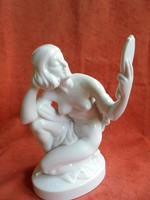 Jelzett fehér Herendi porcelán tükrös akt szobor