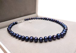 Egyedi fekete igazgyöngy nyaklánc, csomózott kék tenyésztett gyöngy nyaklánc alkalmi 925 ezüst