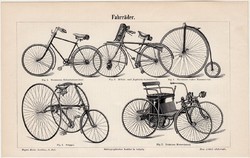 Kerékpár, bicikli, egyszínű nyomat 1895, német nyelvű, Naumann, Daimler, négykerekű motor, katonai