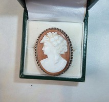 Antique silver cameo brooch pendant with 9k pin