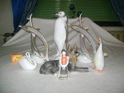 Régi Hollóházi figura, nipp - hat plusz egy darab - pingvin, hattyú, kutya, liba, halak...