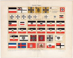 Német zászlók, színes nyomat 1903, német nyelvű, litográfia, zászló, lobogó, császári, porosz, város