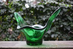 Kézműves kristályüveg asztalközép szép zöld színben