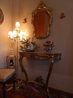 Antik faragott, aranyozott konzolasztal, asztal tükör + ajándék terítő 