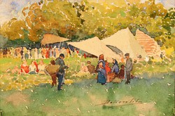 Bakoss Tibor (1868-1950) Vasárnapi Népmulatság Debreceni Nagyerdő Akvarell Karton Majális Piac