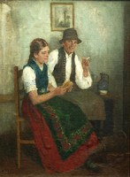 Nagy Vilmos (1874 - 1953):Udvarlás /mézeskalács szív ajándék/,60 x 80 cm