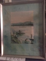 Kolbenheyer Bertalanné, Göbl Vera: A Rákos-patak torkolata, jelzett akvarell festmény 1956-ból