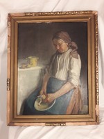 Andor Horváth - lunch of the poor - oil painting / on wood panel