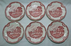 Johnson bros 6 pieces in flawless condition with a wavy edge, castle scene pink teal bottom