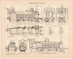 Gőzmozdonyok II. és I., III., egyszínű nyomat 1893, német nyelvű, eredeti, vasút, mozdony, lokomotív
