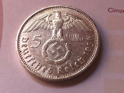 1936"G"ezüst III. birodalom horogkeresztes 5 márka Ritkább