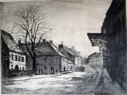 Budapest Castle District Country House Street signed by István Élesdy Signed etching lithograph image before 1972