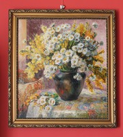 Dr. Nagy Béláné (Vajnovszky Kriszta): Virágok Zsolnay vázában selyem terítőn