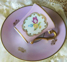 Antik PM gyönyörű kézzel festett mokkás szett 1901, csésze kistányér, pink