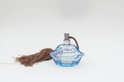 Niemen vagy Hortensja huta art deco üveg, kék parfümös üveg + pamacs - fejedelmi cseh toalett kellék