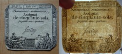 Franciaország 1792 50 sols assignat vízjeles papíron 2db szárazbélyegzővel