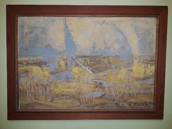 MOST! Kép mérete: 84 cm x 57 Képcsarnokos Fontos Sándor  Kiöntés  tempera faroston festmény 1979-ből
