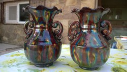 2 beautifully colored vases, vases with handles by Lojos Mezőtúr-szabo