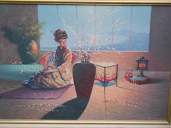 1959-es  megfejtésre váró festmény.Gésa az ablaknál.Nyugalmat árasztó szép festmény.