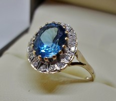 Különleges antik kék topáz és gyémánt arany gyűrű