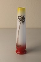 Art deco two-layer blown glass vase with hand-painted palm tree decoration.