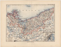 Pomeránia térkép 1892, eredeti, régi, Meyers atlasz, német nyelvű, Németország, Európa, állam