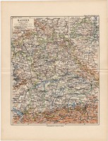 Bajorország térkép 1892, eredeti, régi, Meyers atlasz, német nyelvű, Németország, Európa, München