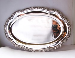 Gazdagon díszített, nagyméretű pesti ezüst tál, 1430 gramm!