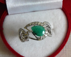 Természetes zambiai smaragd köves 925 ezüst 14k arany gyűrű 53-/16,9