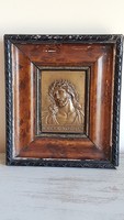 Antik Krisztus bronz/réz kisplasztika / domború plakett /keretben