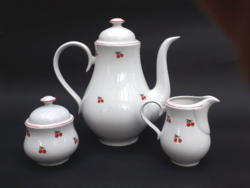 Alföldi cseresznyés teáskanna, cukortartó és tejszínes - retro porcelán kiöntőszett