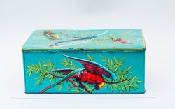 Papagájos türkiz színű pléhdoboz - vidám bádogdoboz, kincstartó emléktartó doboz