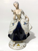 Royal Dux porcelán hölgy királykék szoknyás nő legyezővel - 20,5 cm