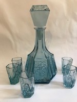 Likőrös készlet középkék préselt, csiszolt üvegből, 1940-es évek