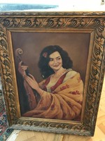 Oil on canvas painting: Girl with a violin, by Piros József Bakonyi
