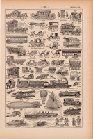 Járművek, nyomat 1923, francia, 19 x 29 cm, lexikon, eredeti, autó, hajó, repülő, kocsi, autóbusz
