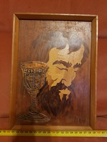 Fa intarziás kép, réz betéttel, szignós