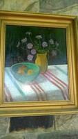Antal Ilona /1932-2004/ Búzavirágok virágcsendélet-festmény o.,far.,jjl., 60x50 cm