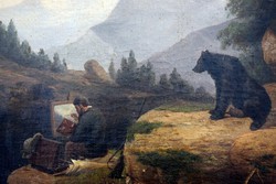 Több mint 100 éves olajkép, ismeretlen festőtől "Festő és a medve találkozása" olajfestmény.