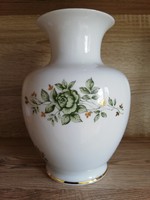 Hollóházi zöld rózsa virágos arannyal áthúzott hasas porcelán váza 18 cm