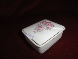 Hollóházi porcelán,  bonbonier doboz, ciklámen színű virág. Vanneki.